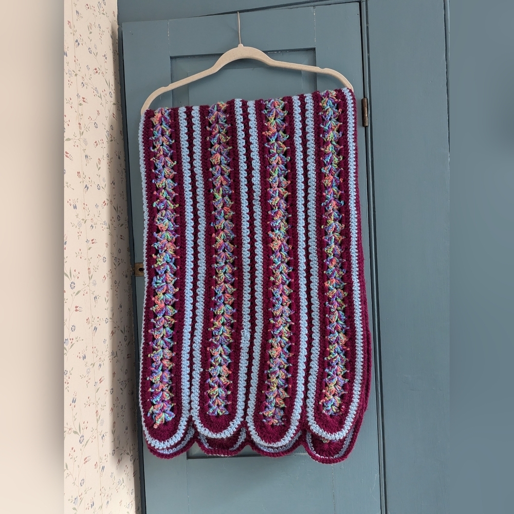 💙 Burgundy Afghan Hand Crochet Multicolor Couch Throw Blanket Rectangle